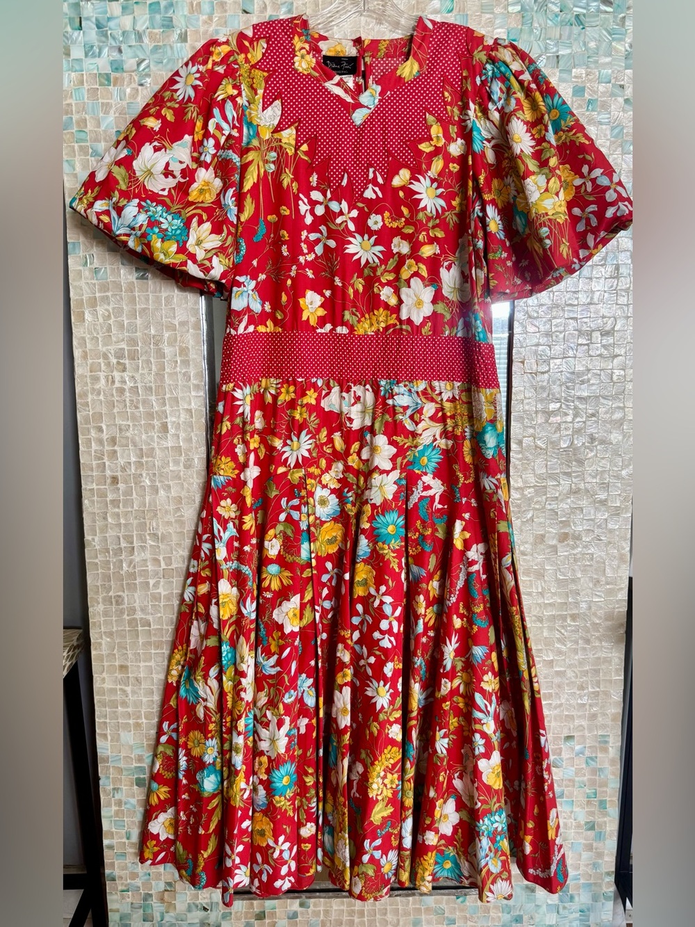 Vintage Diane Freis Italian Cotton Red Floral Pleated Maxi Dress Sz M